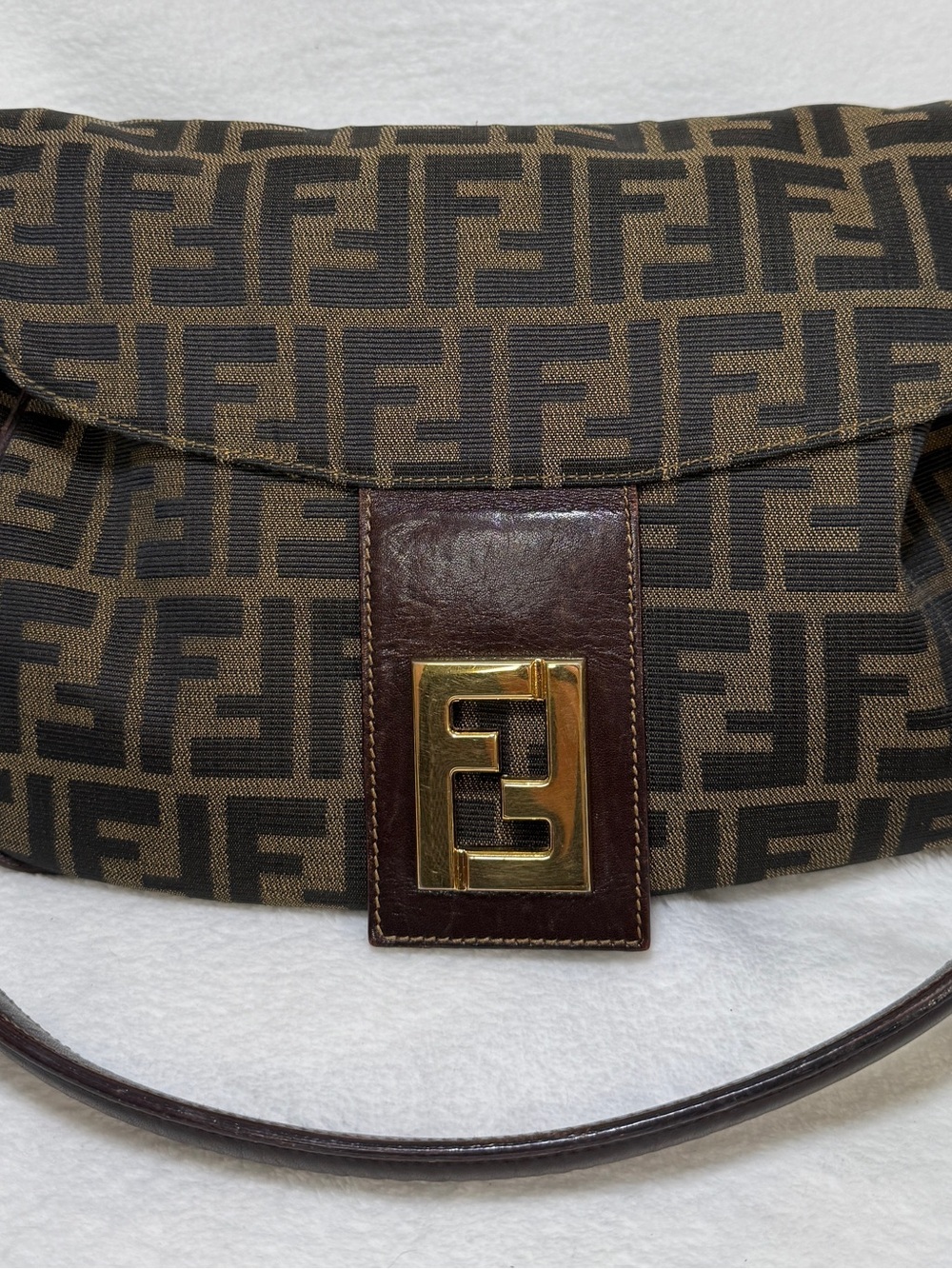 Fendi Brown Zucca Shoulder Bag double flap with Gold-Tone hardware